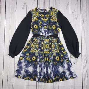 Nicole Richie Collection Long Sleeve Peacock Print Dress in Navy, Yellow, Black